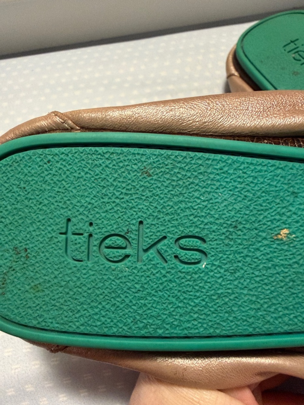 Tieks Metallic rose gold “Rosé” Ballet Flats with Teal Heel Tab - Picture 4 of 8